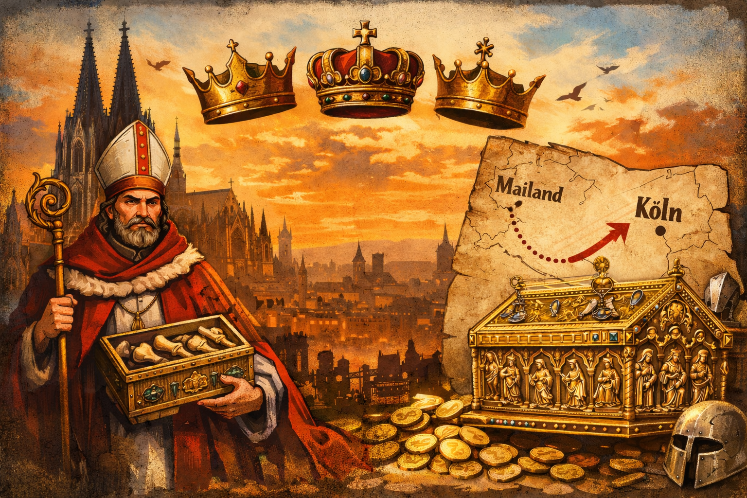 Illustration of the history of the Three Wise Men in Cologne with Cologne Cathedral, Shrine of the Three Kings, Rainald von Dassel and a map from Milan to Cologne (Source: ChatGPT)
