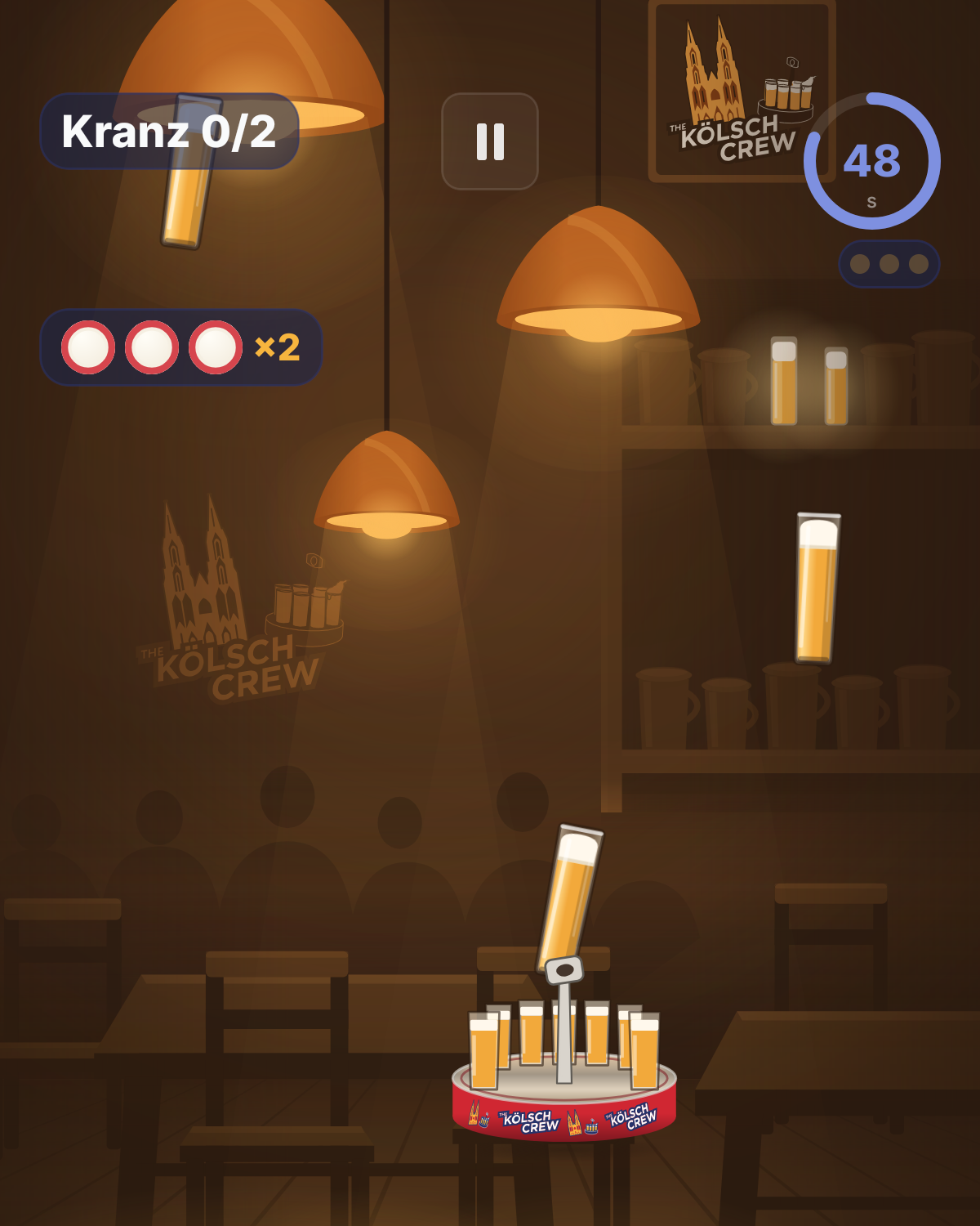Spielszene: Eine Kölschstange setzt im Kranz auf, HUD zeigt Kranz 0/2, drei Bierdeckel und Combo mal 2