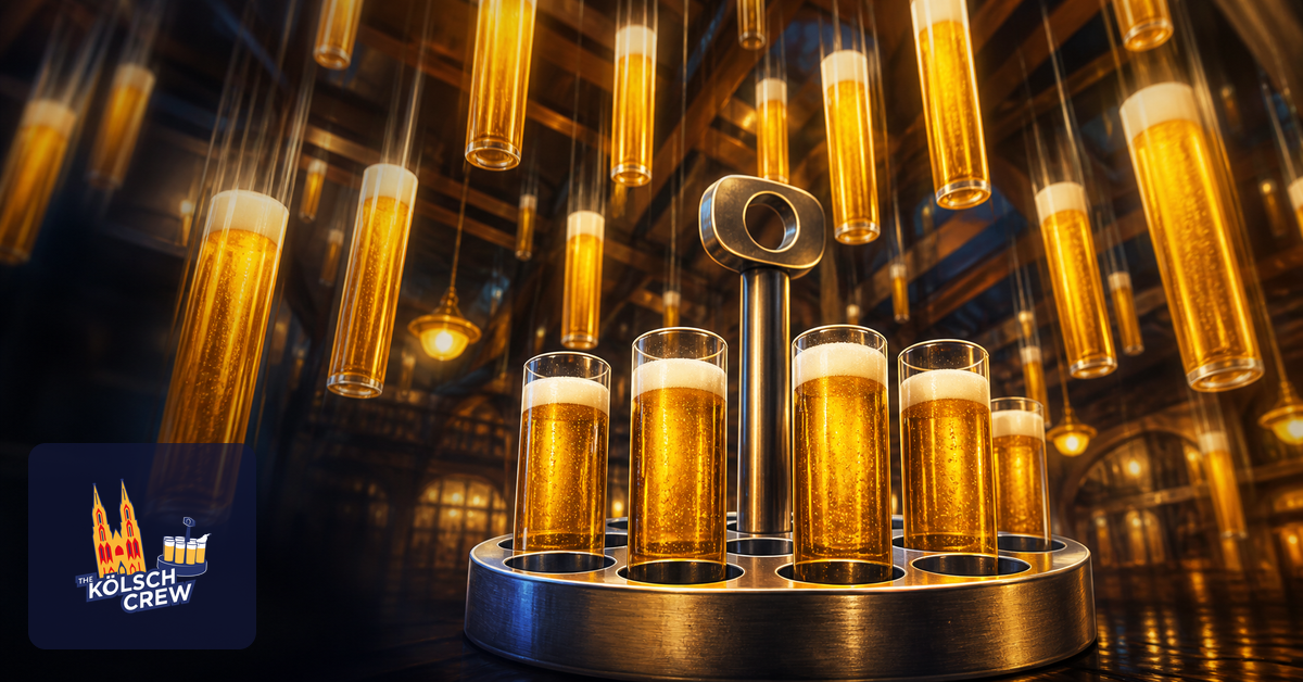 Zahlreiche Kölschstangen fallen aus der Höhe in den Kölsch-Kranz, Untersicht mit Arcade-Charakter