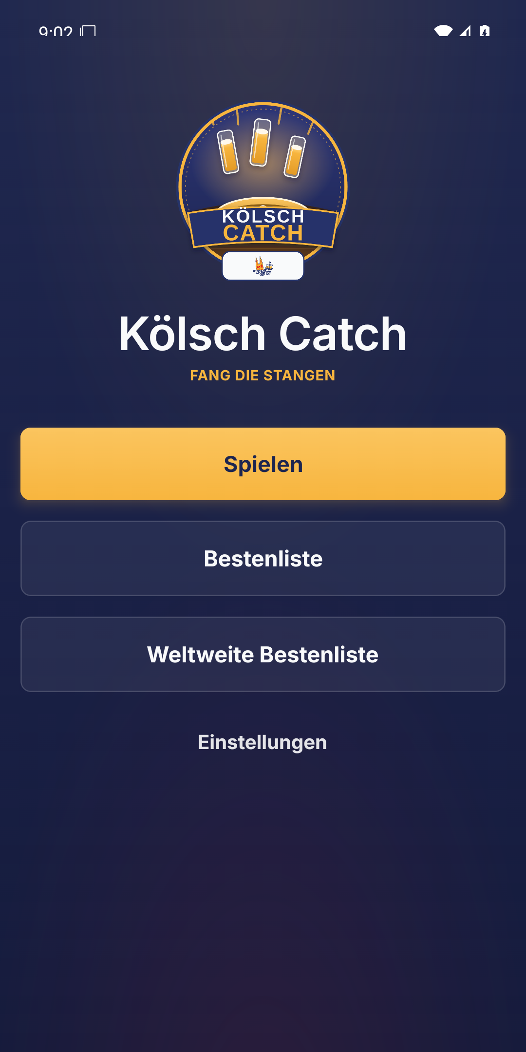Startbildschirm von Kölsch Catch mit den Knöpfen Spielen, Bestenliste, Weltweite Bestenliste und Einstellungen